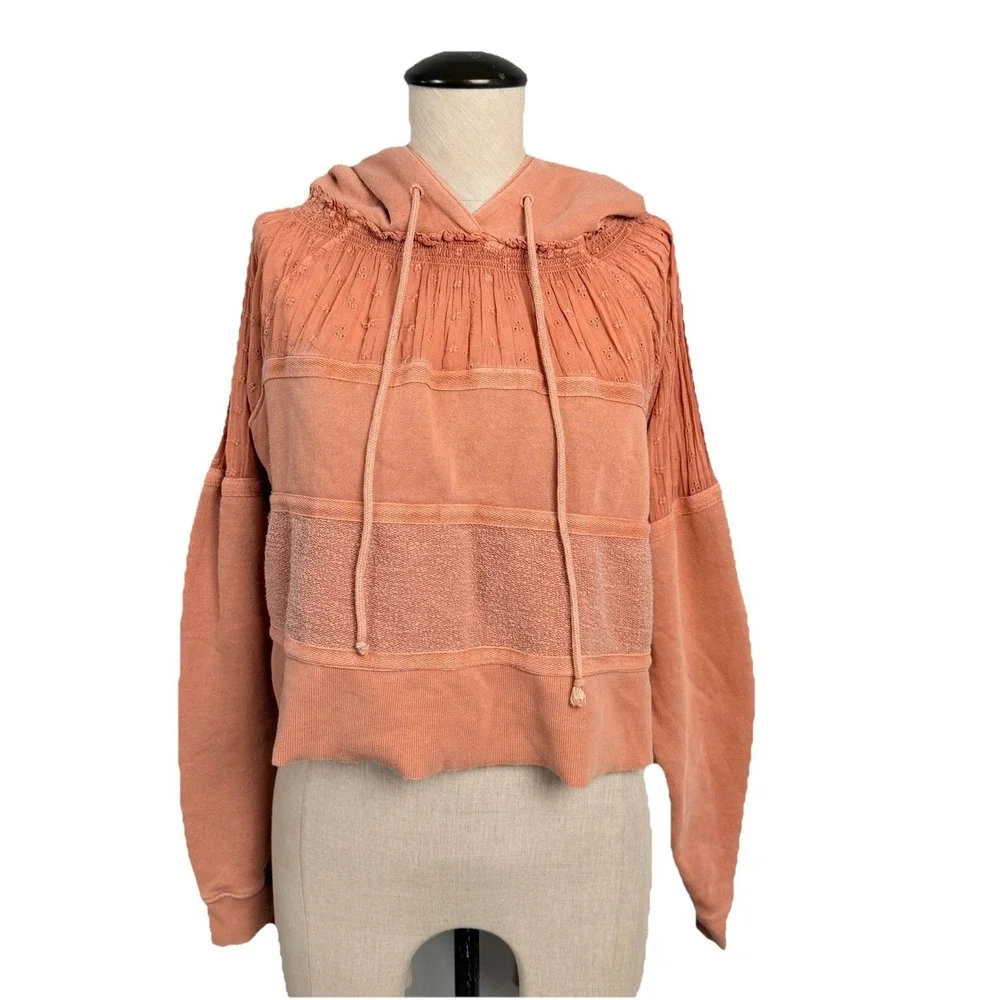 Free People Piper Pieced Crop Pullover Hoodie Mango XS Boho Casual Cozy Soft Fit